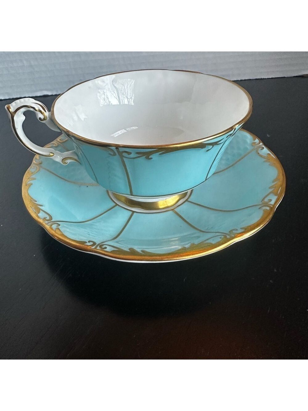 PARAGON Turquoise and White Footed Teacup and Saucer with Gold Filigree A2952/15